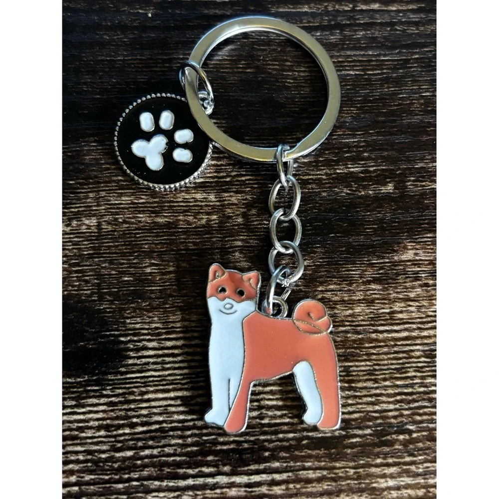 Shiba Inu Dog Keychain Orange White Enamel Paw Print Charm Silver Tone Pet Lover